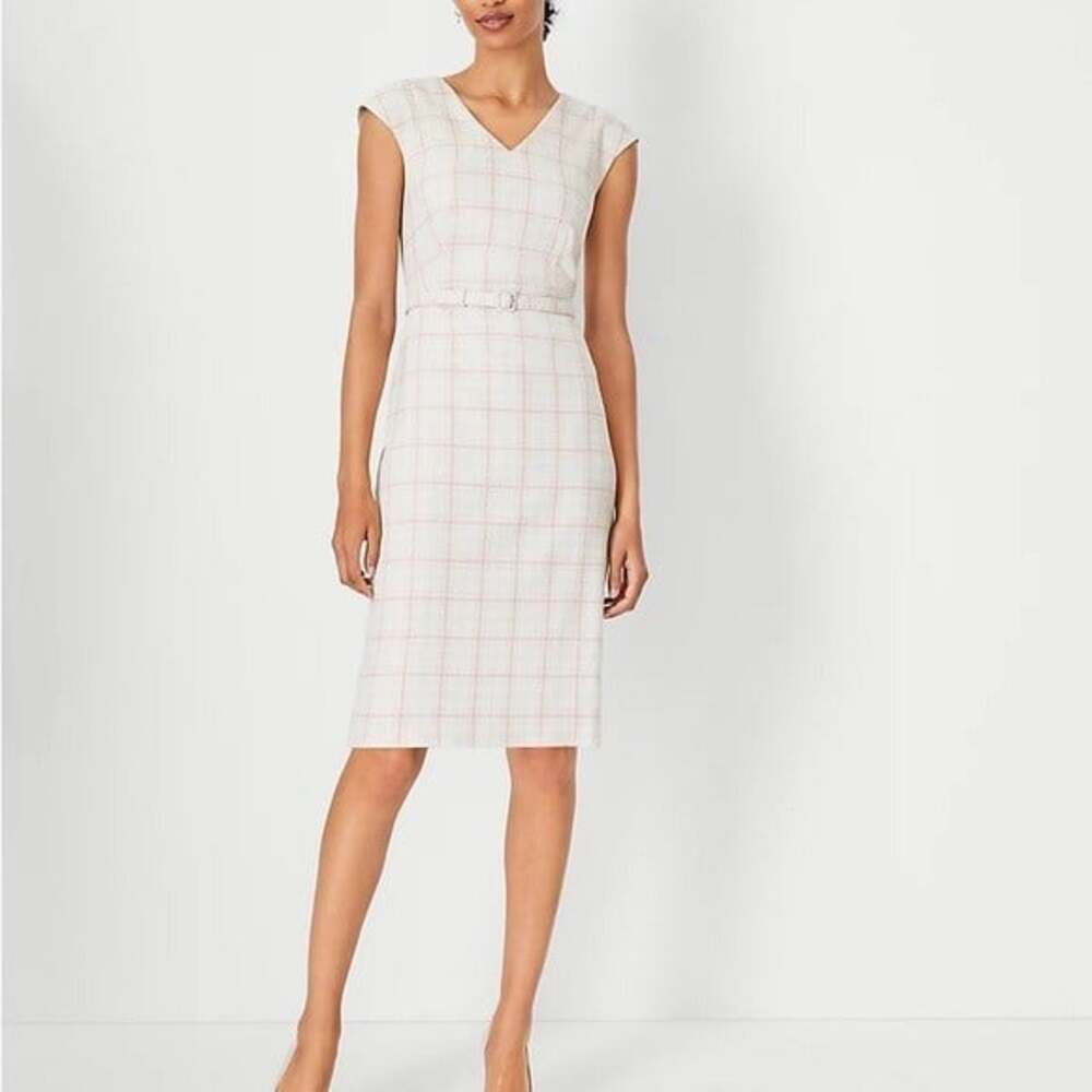 Ann Taylor Sheath Dress Women's Tan Pink Plaid V-Neck Belted Cap Sleeve Size 12